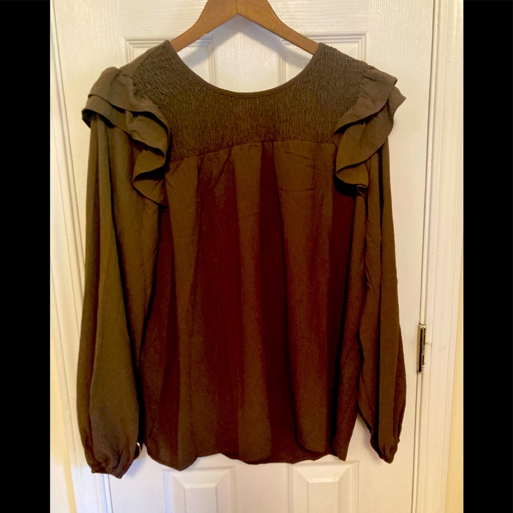 NWT Oddy Chocolate Brown Ruffle Long Sleeve Shirt